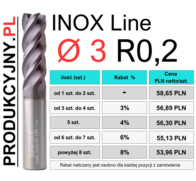 Frez z promieniem naroża fi 3 R0,2 INOX LINE